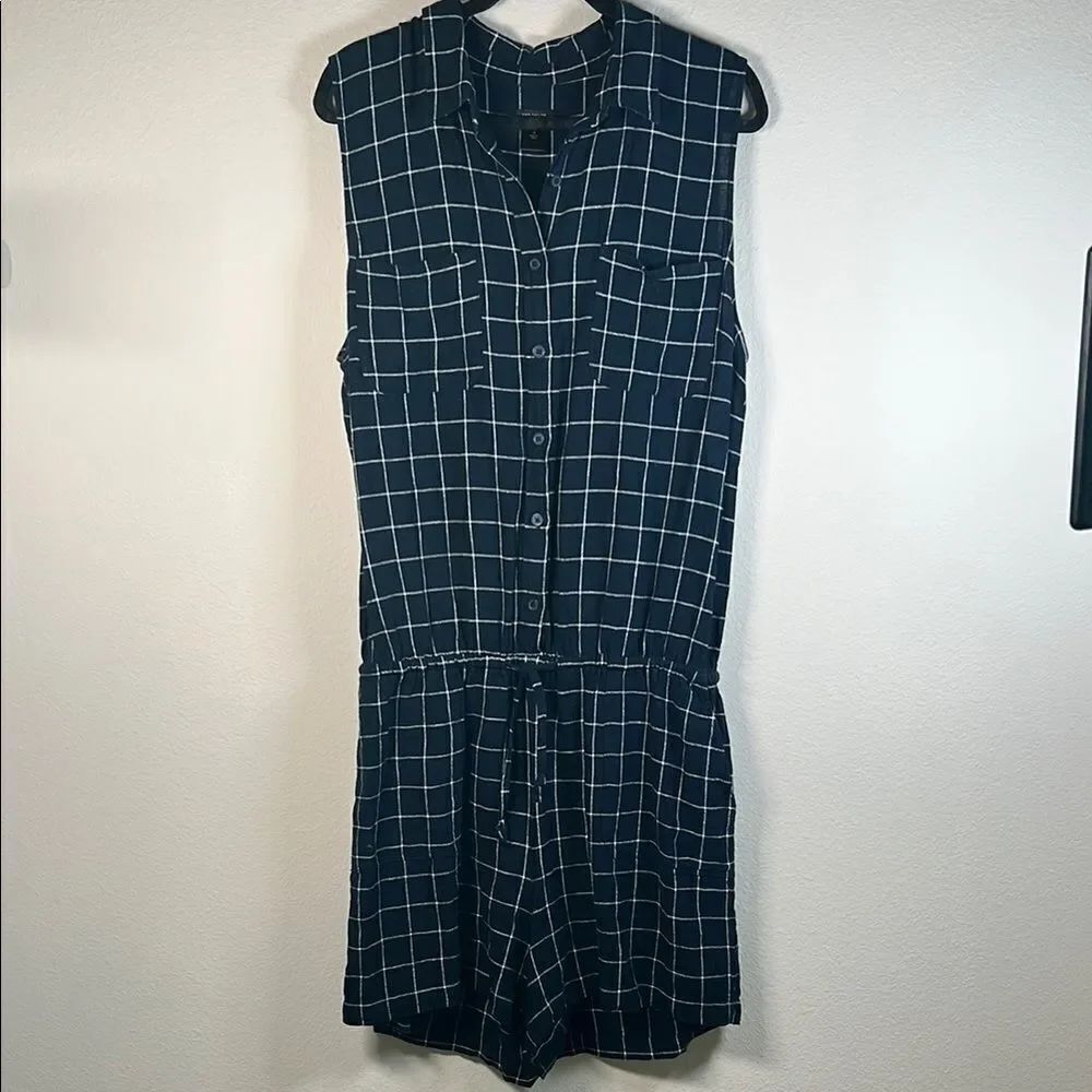 Ann Taylor Blue & White Plaid Blouson Casual Linen Romper Playsuit